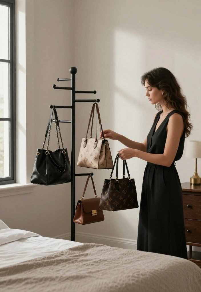 10 Bedroom Bag Display Ideas for Stylish Storage 7. Standalone Bag Racks 0