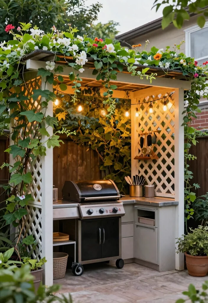 10 Small Outside Kitchen Ideas for Compact Yards 6. Lattice Shade Structure 0