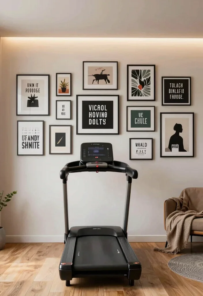 10 Treadmill in Living Room Ideas for Home Fitness 1. Treadmill Underneath a Gallery Wall 0