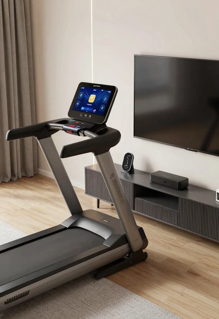 10 Treadmill in Living Room Ideas for Home Fitness 4. Integrate with Smart Technology 0