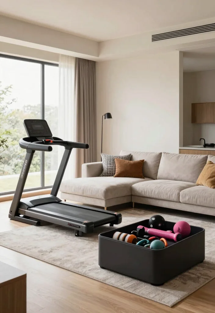 10 Treadmill in Living Room Ideas for Home Fitness 5. Multi Functional Furniture 0