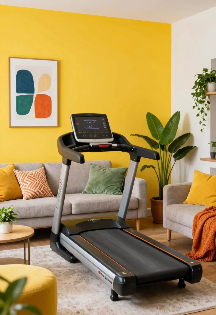 10 Treadmill in Living Room Ideas for Home Fitness 6. Incorporate Bright Colors 0