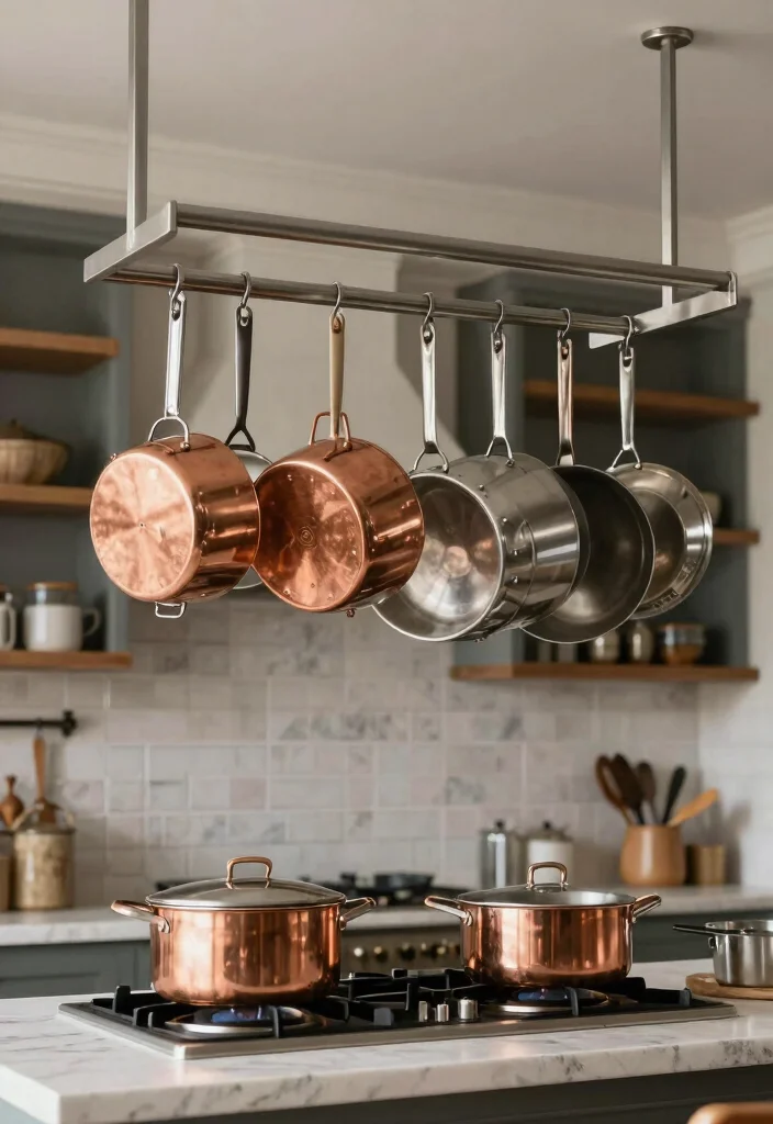 12 Apartment Kitchen Decorating Ideas That Save Space 4. Overhead Pot Racks 0