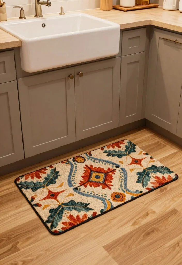12 Apartment Kitchen Decorating Ideas That Save Space 6. Stylish Kitchen Mats 0