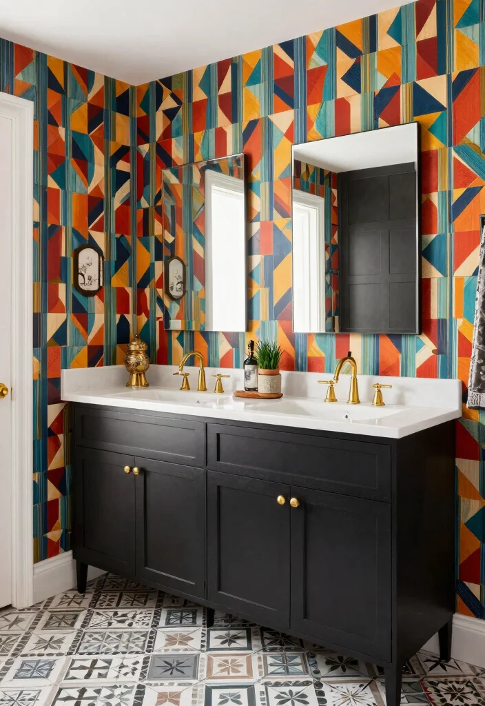 12 Bathroom Ideas with Dark Cabinets for Bold Contrast 11. Statement Wall with Dark Cabinets 0