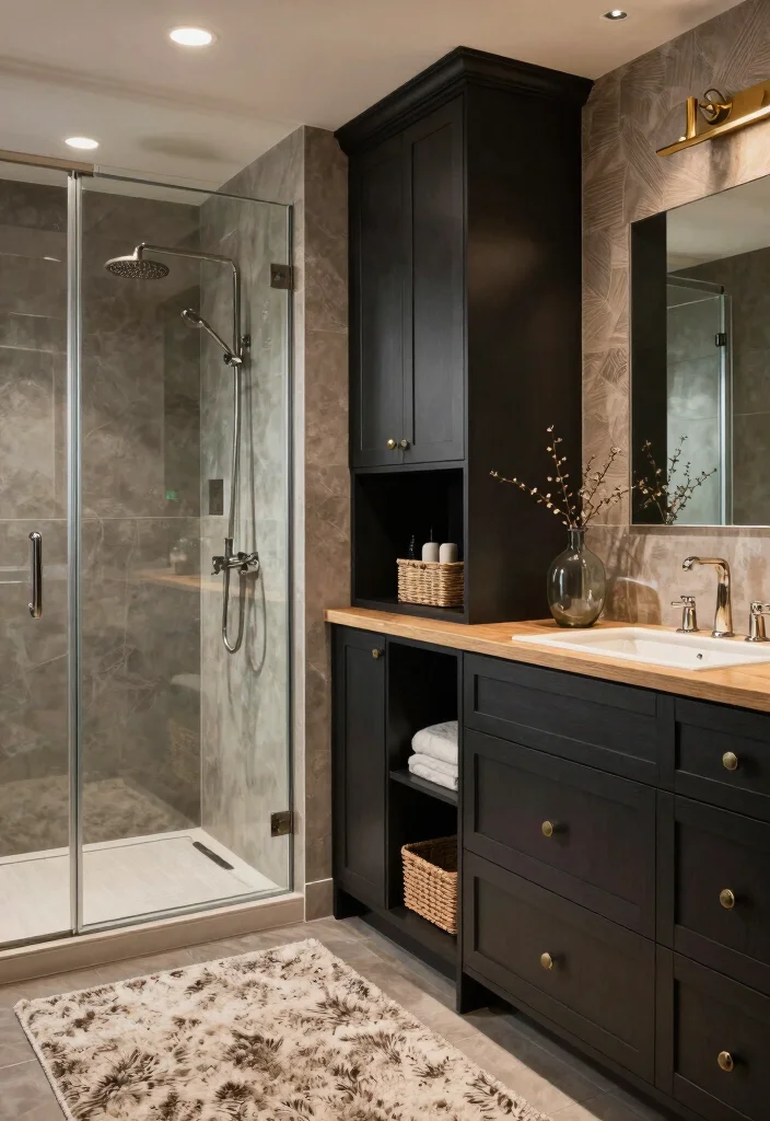 12 Bathroom Ideas with Dark Cabinets for Bold Contrast 12. Mixing Textures with Dark Cabinets 0