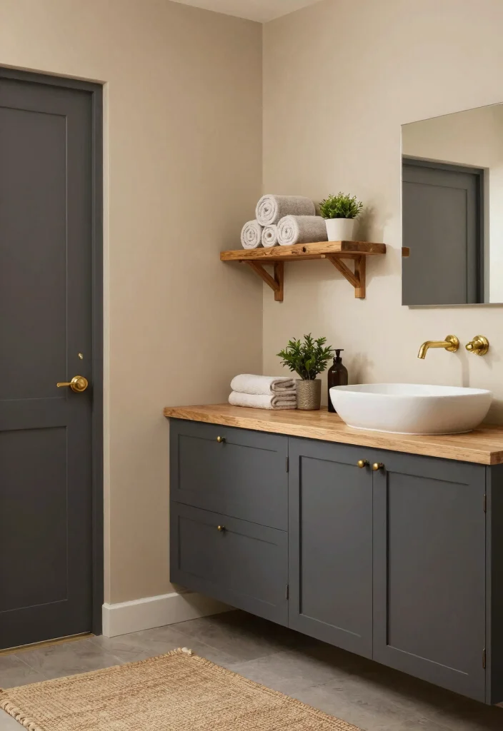 12 Bathroom Ideas with Dark Cabinets for Bold Contrast 3. Charcoal and Warm Woods 0
