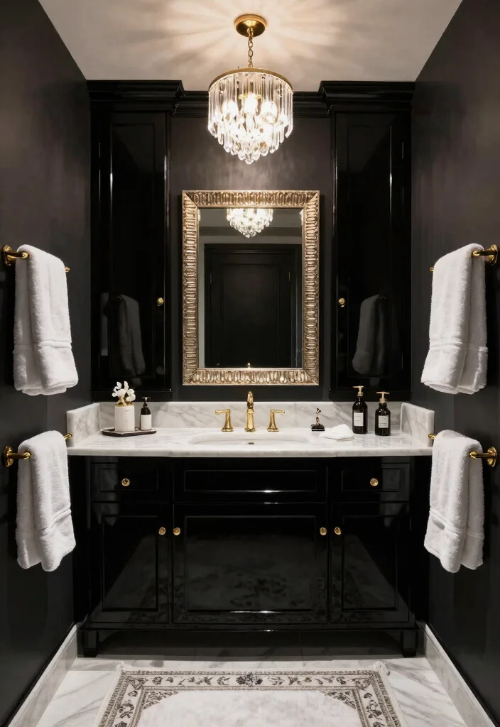 12 Bathroom Ideas with Dark Cabinets for Bold Contrast 4. Glossy Black Glam 0