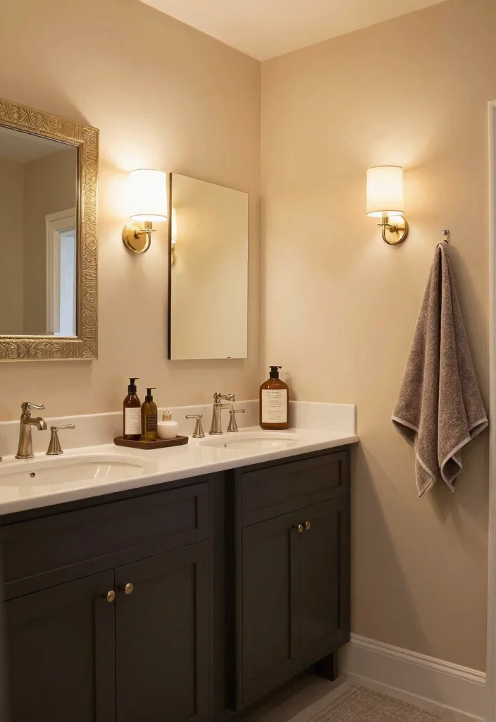 12 Bathroom Ideas with Dark Cabinets for Bold Contrast 9. Soft Lighting and Dark Cabinets 0