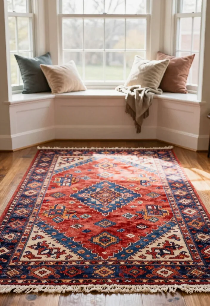 12 Bay Window Living Room Decorating Ideas with Light 10. Colorful Rugs 0