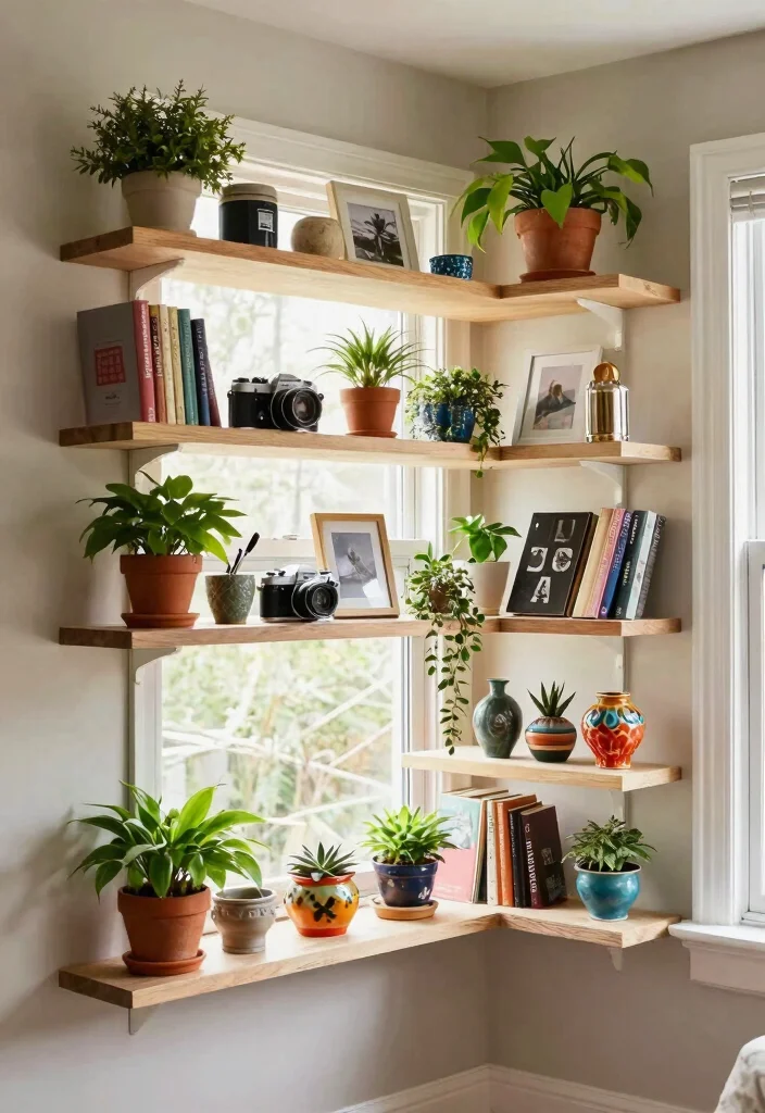 12 Bay Window Living Room Decorating Ideas with Light 5. Decorative Window Shelves 0