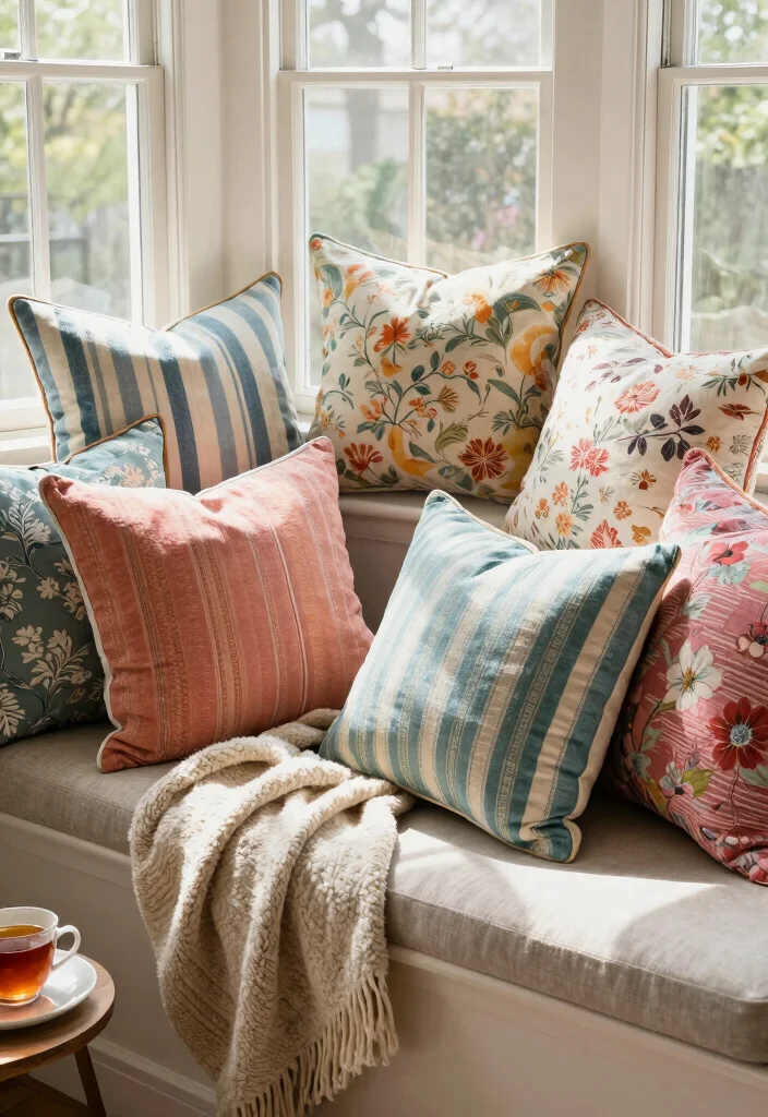 12 Bay Window Living Room Decorating Ideas with Light 6. Inviting Throw Pillows and Blankets 0
