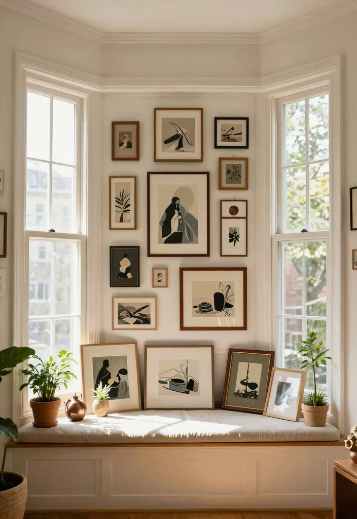 12 Bay Window Living Room Decorating Ideas with Light 7. Creative Art Display 0