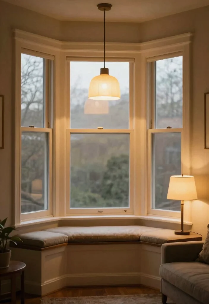 12 Bay Window Living Room Decorating Ideas with Light 9. Warm Lighting Fixtures 0