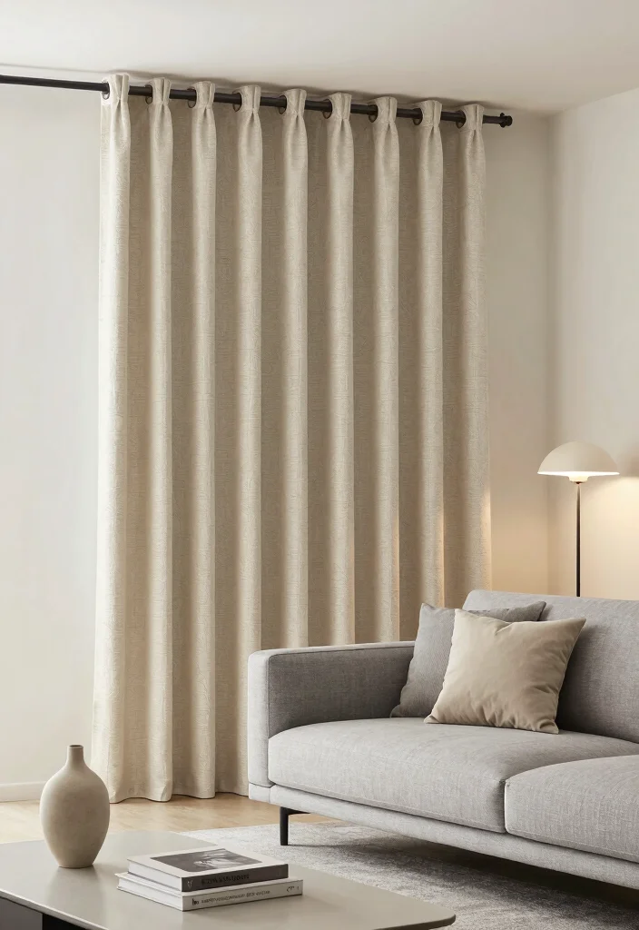 12 Beige Curtain Living Room Ideas for Soft Neutrals 12 12 Beige Curtain Living Room Ideas for Soft Neutrals 2. Minimalist Comfort with Beige Textured Curtains 0