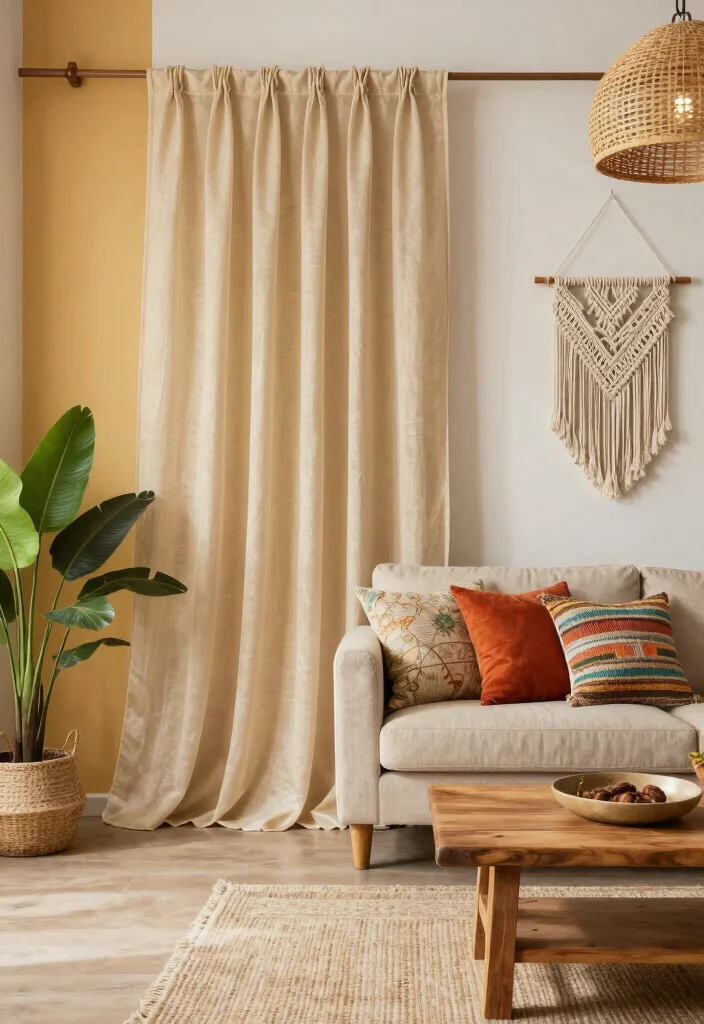 12 Beige Curtain Living Room Ideas for Soft Neutrals 13 12 Beige Curtain Living Room Ideas for Soft Neutrals 3. Bohemian Charm with Layered Beige Curtains 0