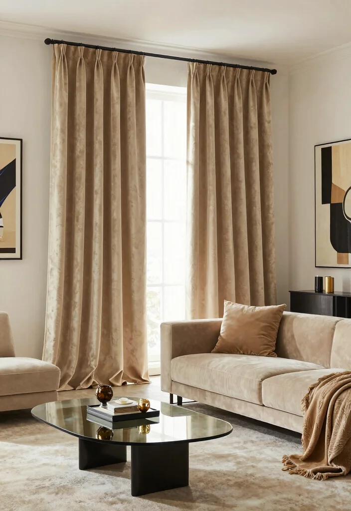 12 Beige Curtain Living Room Ideas for Soft Neutrals 24 12 Beige Curtain Living Room Ideas for Soft Neutrals 4. Neutral Elegance with Beige Velvet Curtains 0