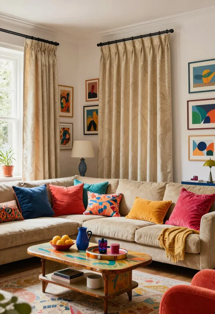 12 Beige Curtain Living Room Ideas for Soft Neutrals 48 12 Beige Curtain Living Room Ideas for Soft Neutrals 8. Eclectic Mix with Bold Beige Patterns 0