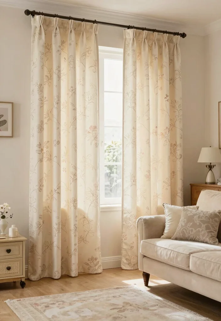 12 Beige Curtain Living Room Ideas for Soft Neutrals 49 12 Beige Curtain Living Room Ideas for Soft Neutrals 9. Whimsical Touch with Printed Beige Curtains 0