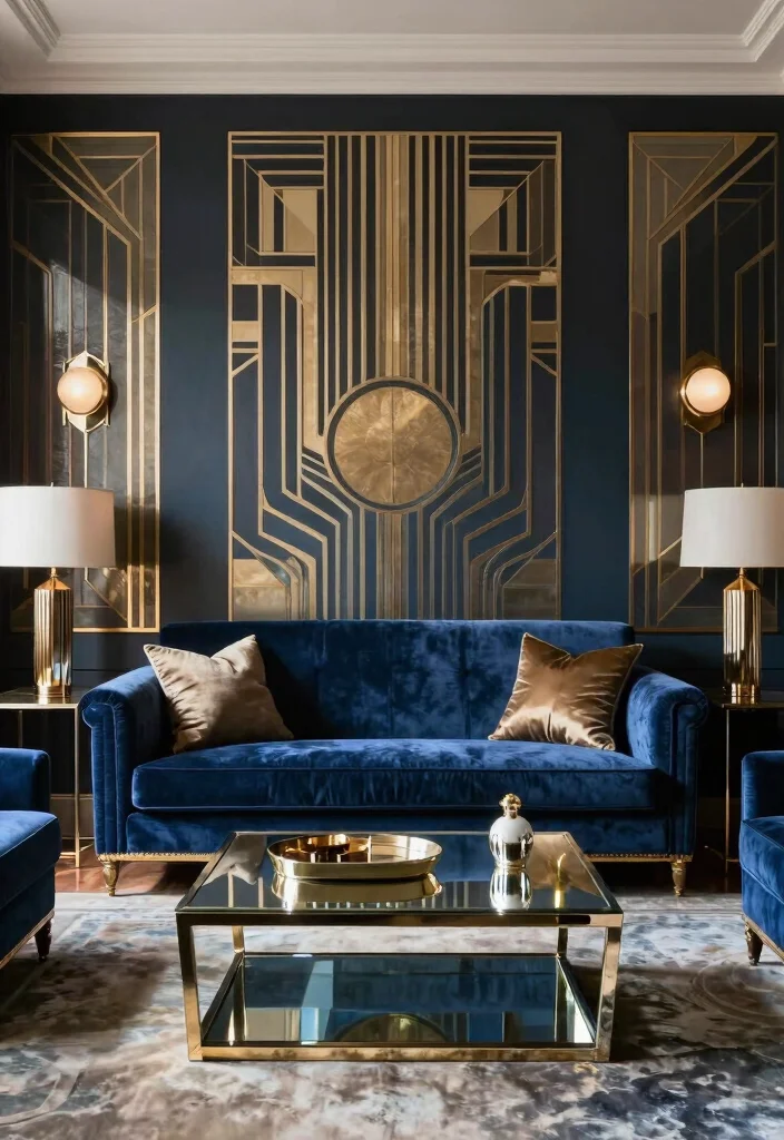 12 Blue Velvet Sofa Living Room Ideas for a Luxe Feel 11. Art Deco Inspirations 0