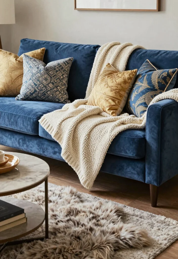 12 Blue Velvet Sofa Living Room Ideas for a Luxe Feel 2. Create Layers with Textiles 0