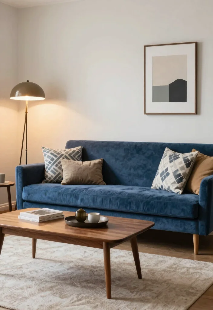 12 Blue Velvet Sofa Living Room Ideas for a Luxe Feel 3. Mid Century Modern Elegance 0