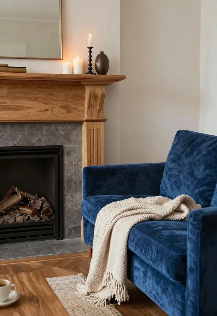 12 Blue Velvet Sofa Living Room Ideas for a Luxe Feel 7. Focus on the Fireplace 0