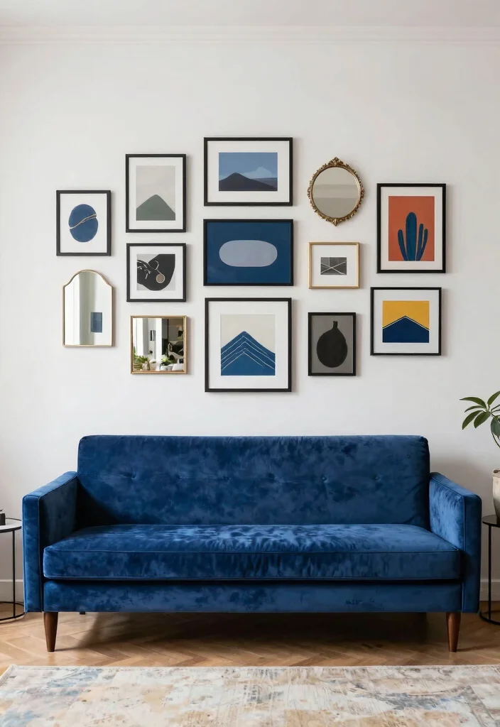 12 Blue Velvet Sofa Living Room Ideas for a Luxe Feel 8. Gallery Wall with Flair 0