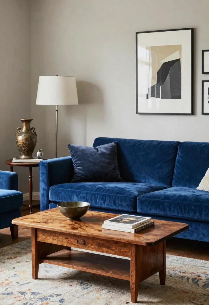 12 Blue Velvet Sofa Living Room Ideas for a Luxe Feel 9. Mix Vintage and Modern 0