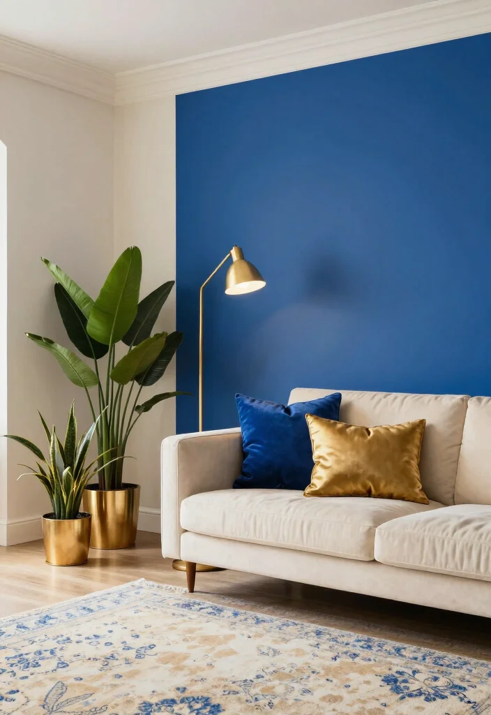 12 Blue and Gold Living Room Ideas with Luxe Contrast 13 12 Blue and Gold Living Room Ideas with Luxe Contrast 3. Bold Blue Accent Wall 0