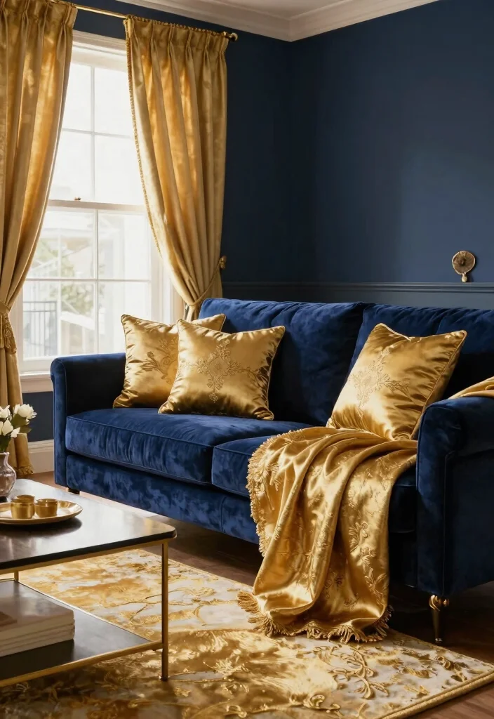 12 Blue and Gold Living Room Ideas with Luxe Contrast 25 12 Blue and Gold Living Room Ideas with Luxe Contrast 5. Glamorous Gold Textiles 0