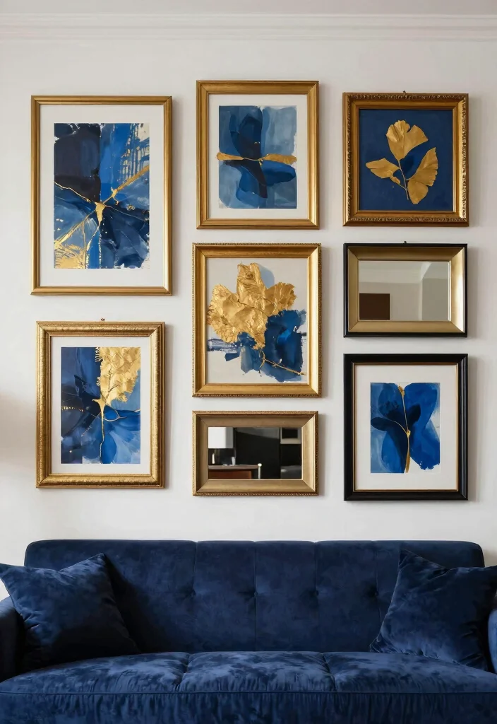 12 Blue and Gold Living Room Ideas with Luxe Contrast 26 12 Blue and Gold Living Room Ideas with Luxe Contrast 6. Artful Blue Gold Gallery Wall 0