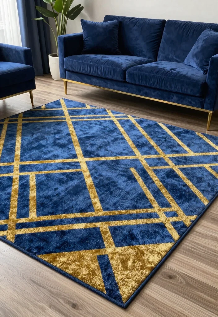 12 Blue and Gold Living Room Ideas with Luxe Contrast 39 12 Blue and Gold Living Room Ideas with Luxe Contrast 9. Statement Rugs in Blue and Gold 0