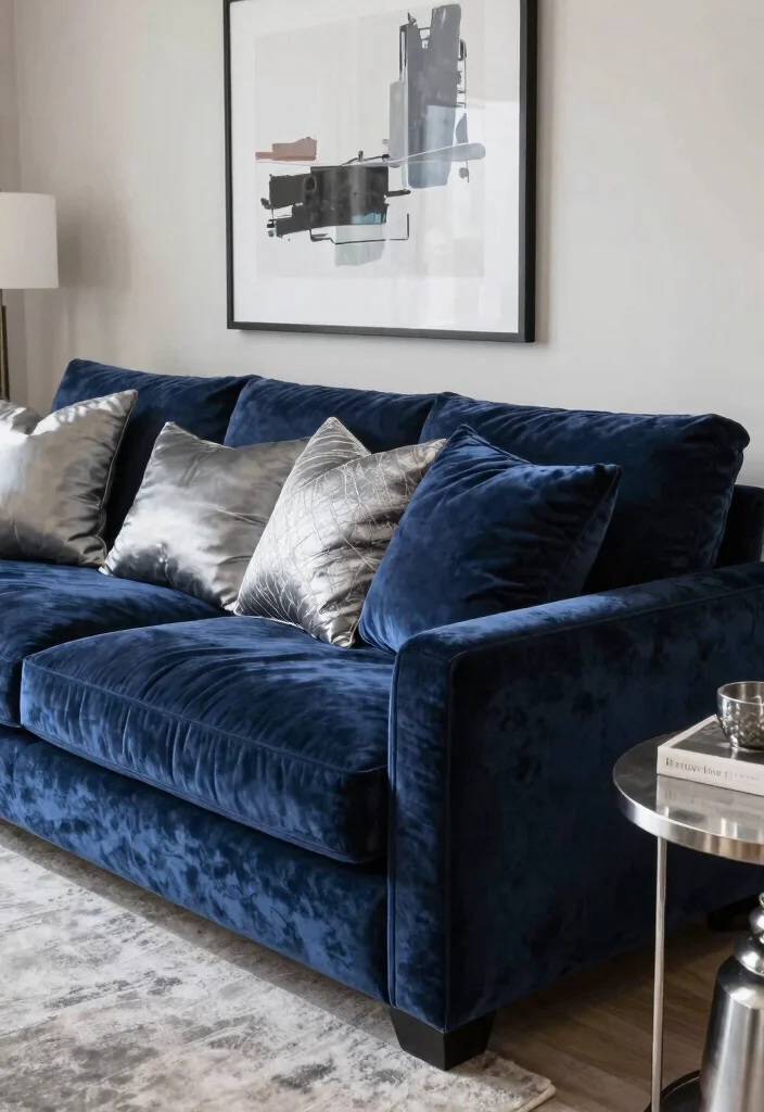 12 Blue and Silver Living Room Ideas with Cool Elegance 1. Elegant Navy Velvet Sofa 0