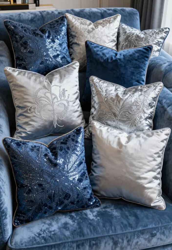 12 Blue and Silver Living Room Ideas with Cool Elegance 10. Decorative Throw Pillows 0