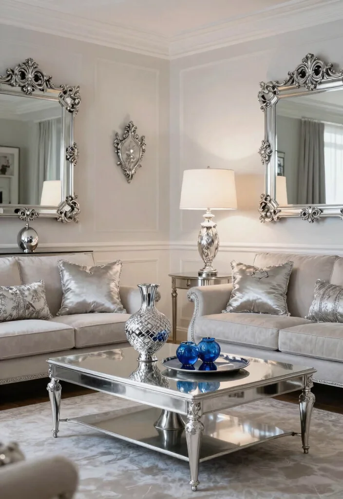 12 Blue and Silver Living Room Ideas with Cool Elegance 2. Silver Accents and Decor 0