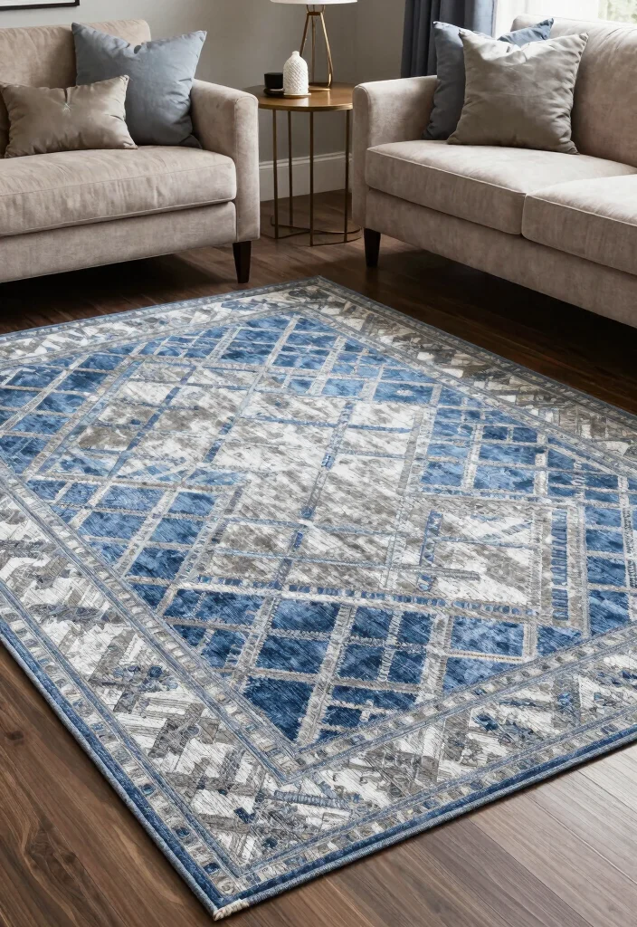 12 Blue and Silver Living Room Ideas with Cool Elegance 6. Sophisticated Area Rugs 0