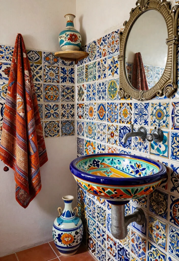 12 Boho Bathroom Ideas with Warm Texture and Personality 4. Colorful Ceramics 0