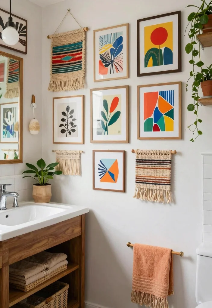 12 Boho Bathroom Ideas with Warm Texture and Personality 8. Wall Art Wonders 0