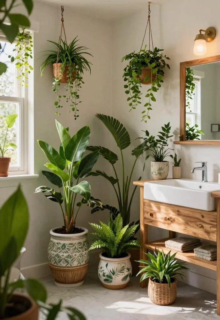 12 Boho Bathroom Ideas with Warm Texture and Personality 9. Greenery Galore 0
