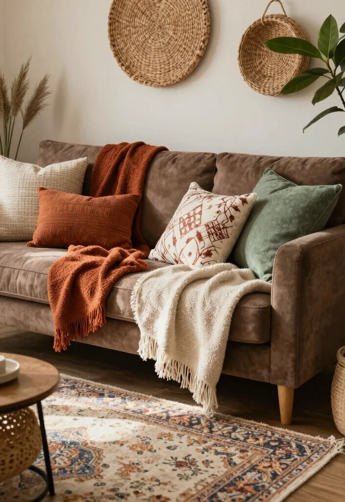 12 Boho Brown Couch Living Room Ideas with Warm Texture 1 12 Boho Brown Couch Living Room Ideas with Warm Texture 1. Layered Textiles 0