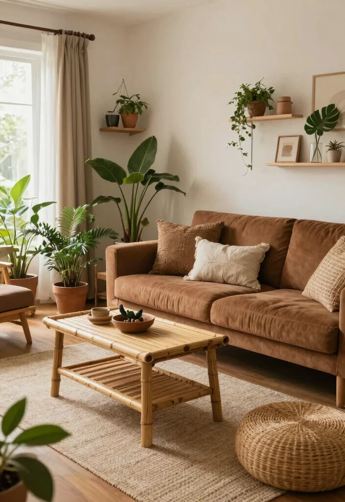12 Boho Brown Couch Living Room Ideas with Warm Texture 29 12 Boho Brown Couch Living Room Ideas with Warm Texture 9. Sustainability in Decor 0