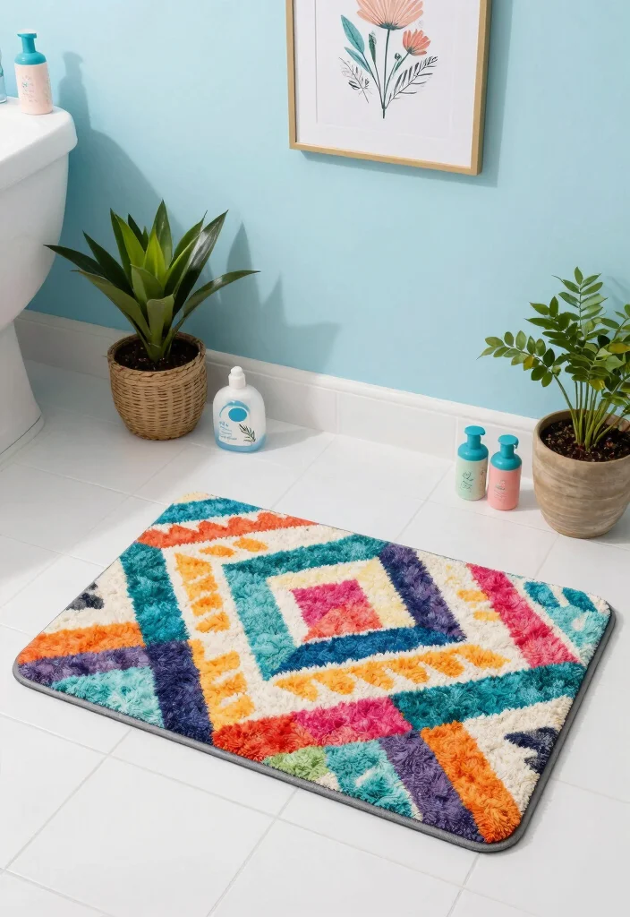 12 Cute Apartment Bathroom Ideas with Smart Stylish Touches 3. Colorful Bath Mats 0