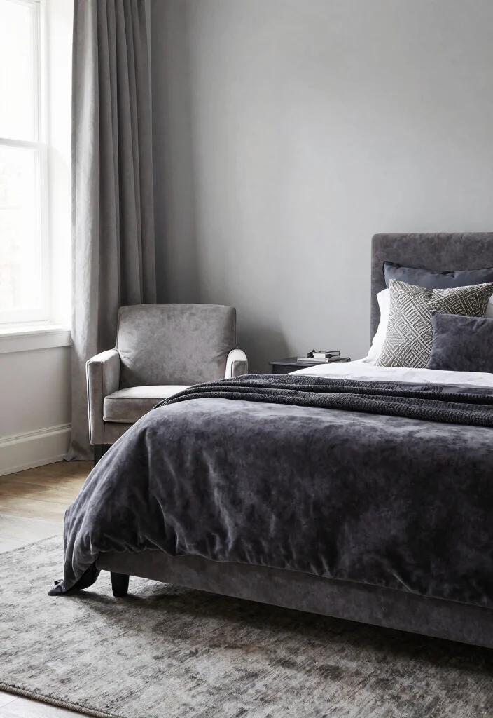 12 Dark Grey Bedroom Ideas for a Modern Cozy Mood 2. Layered Textures and Fabrics 0
