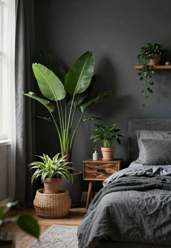 12 Dark Grey Bedroom Ideas for a Modern Cozy Mood 5. Natural Elements and Greenery 0