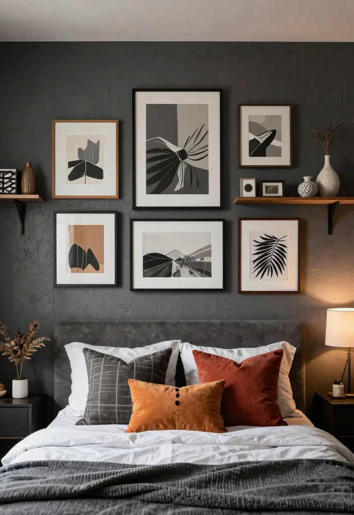 12 Dark Grey Bedroom Ideas for a Modern Cozy Mood 7. Artful Decor and Wall Treatments 0