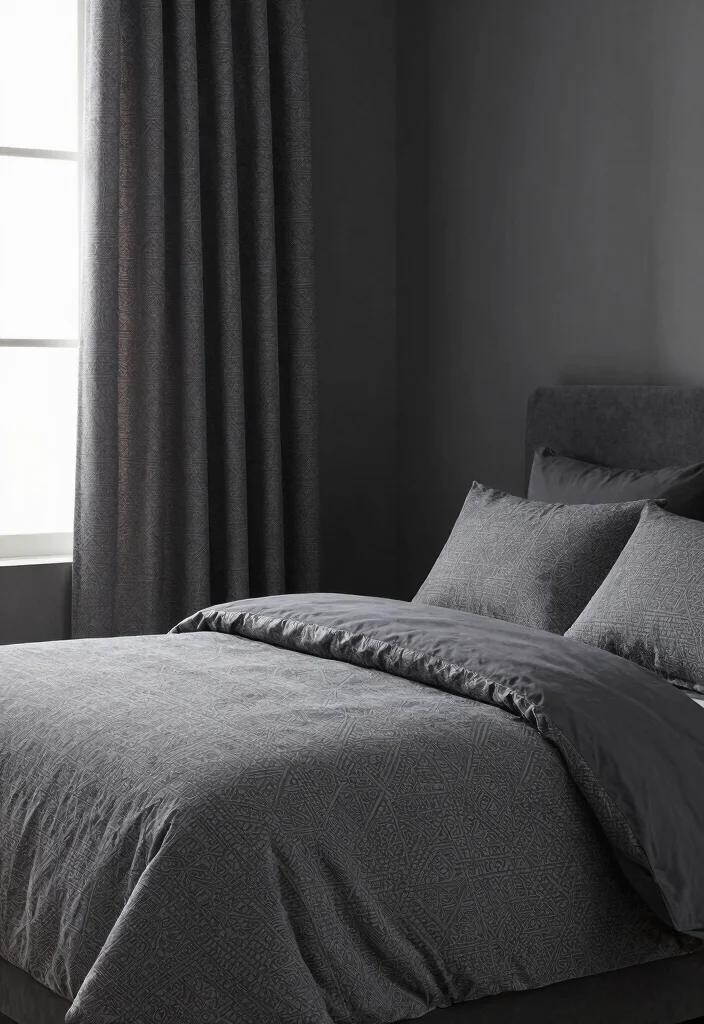 12 Dark Grey Bedroom Ideas for a Modern Cozy Mood 9. Patterned Bedding and Curtains 0