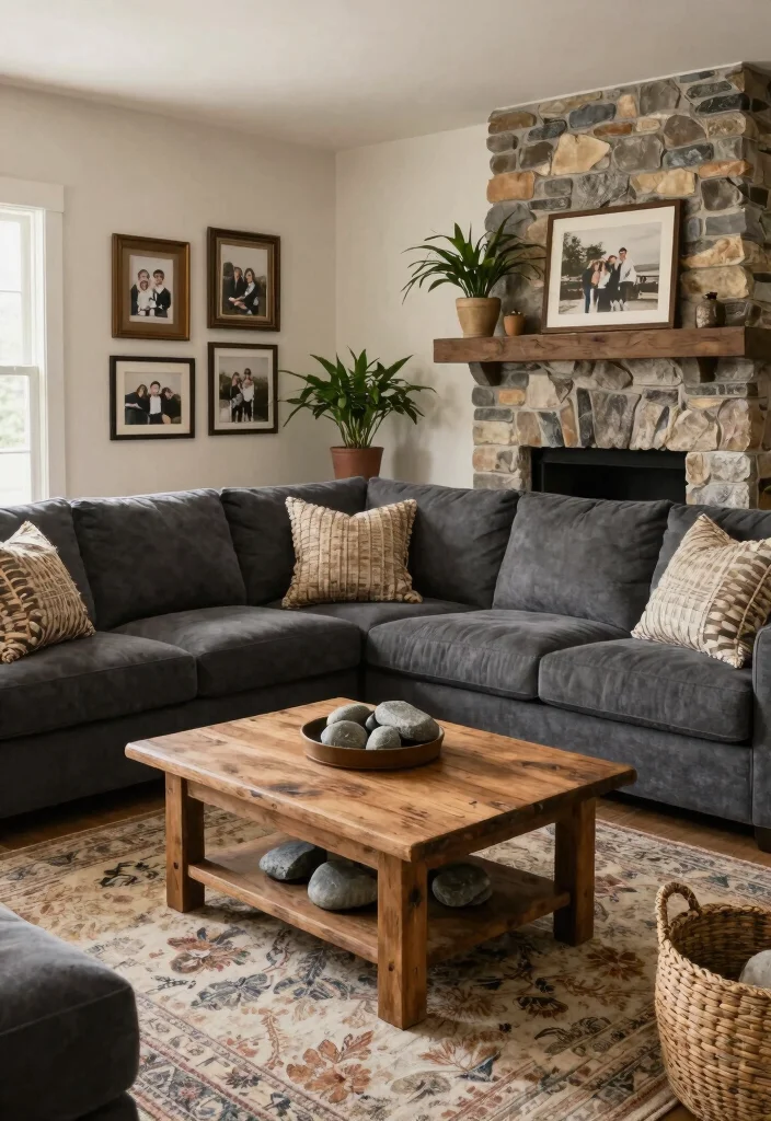 12 Dark Grey Sectional Living Room Ideas with Depth 3. Rustic Charm 0