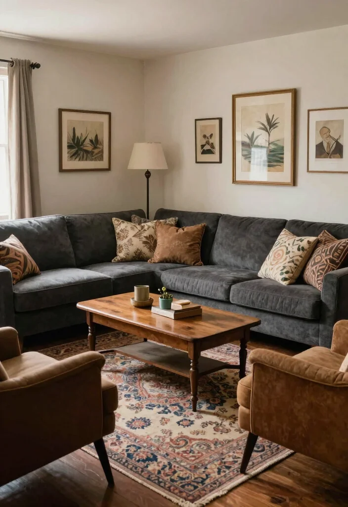 12 Dark Grey Sectional Living Room Ideas with Depth 5. Vintage Vibes 0