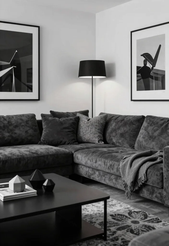 12 Dark Grey Sectional Living Room Ideas with Depth 6. Monochrome Elegance 0